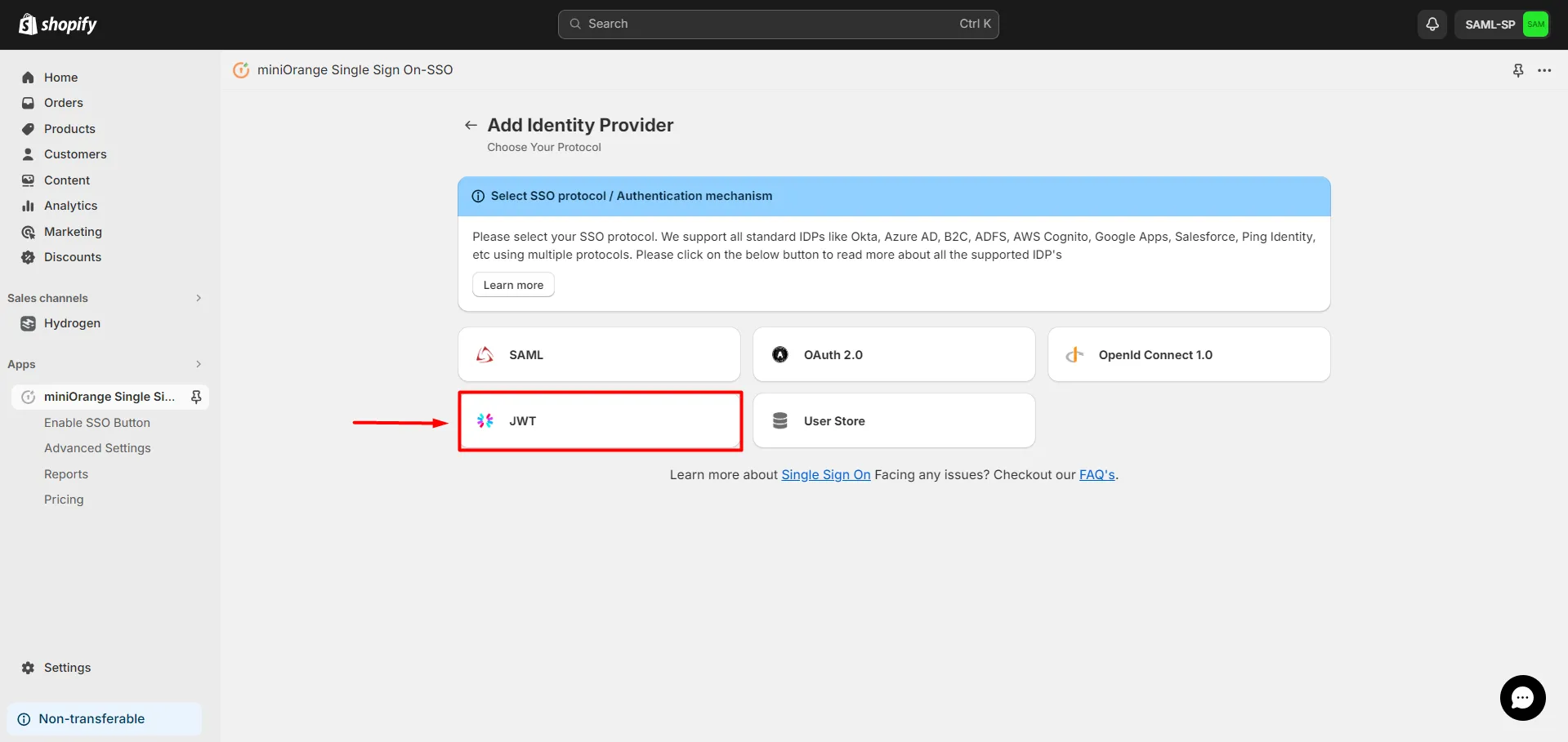 Shopify JWT SSO Login - Select JWT Protocol