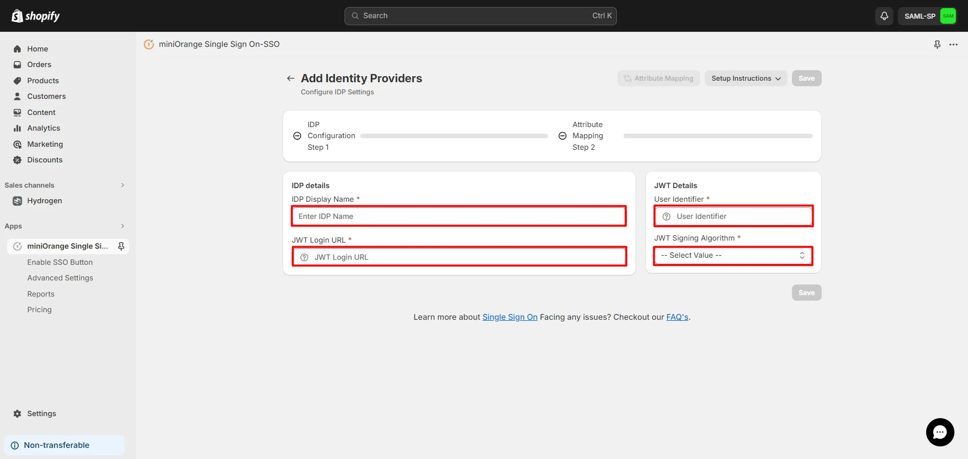 Shopify JWT SSO Login - Fill IDP data