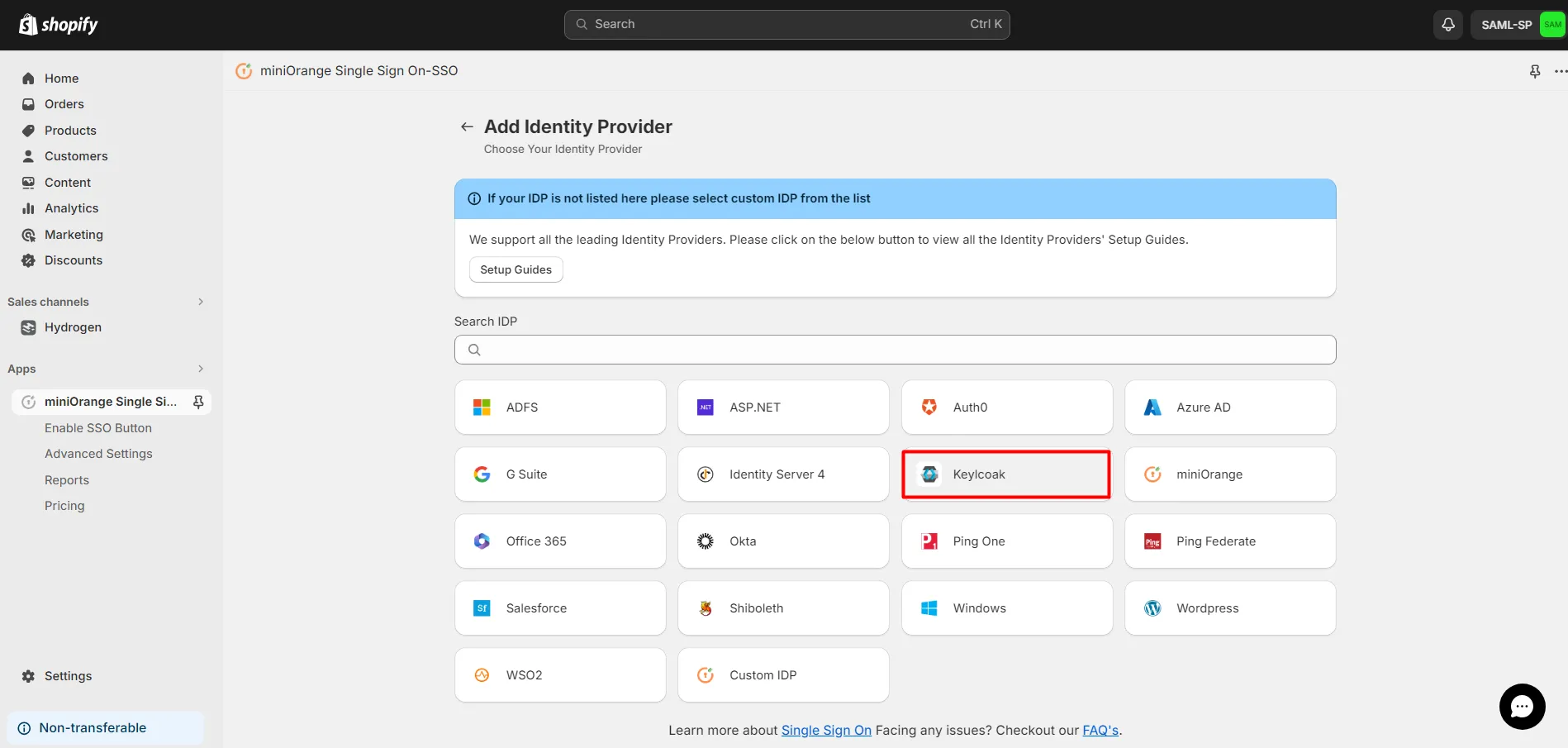 Shopify Okta SSO Login - Select Okta from IDP List