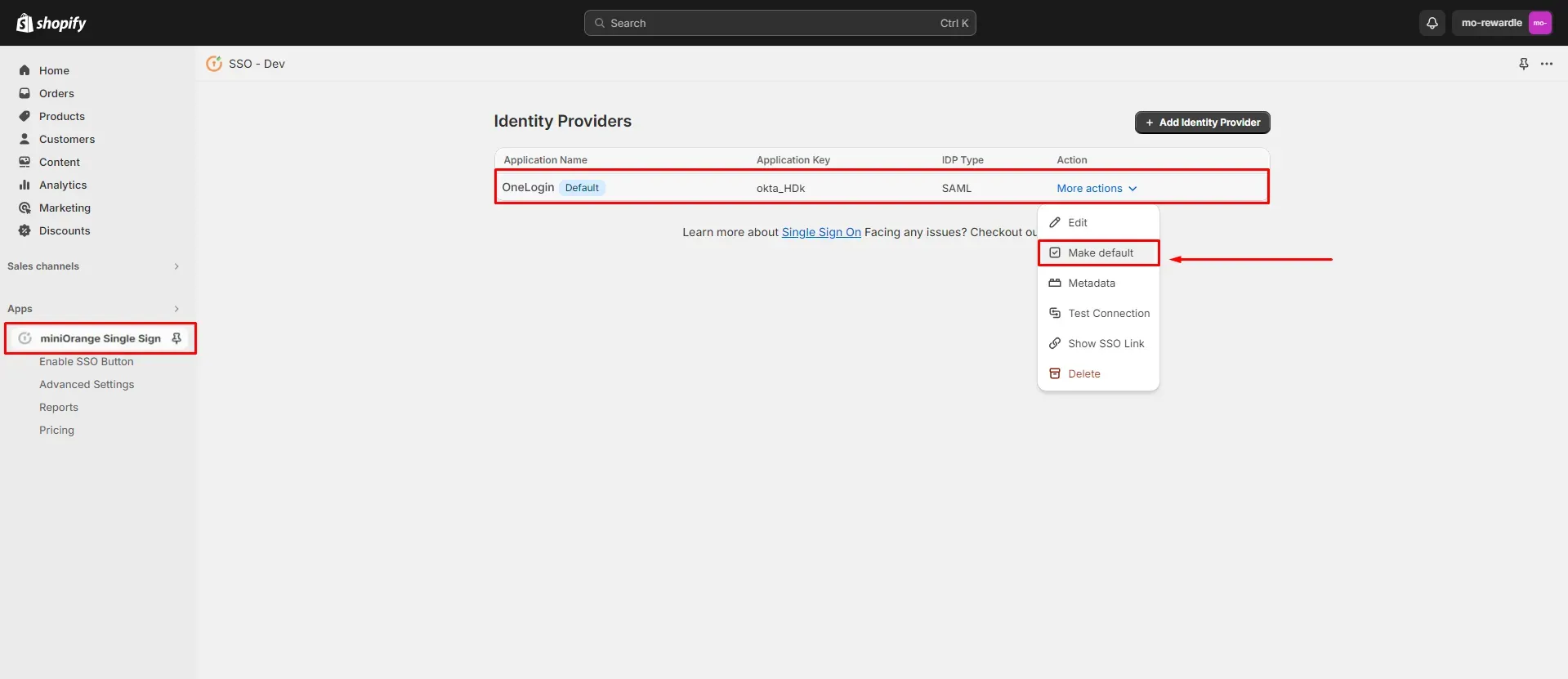 Shopify OneLogin SSO Login - Make application Default