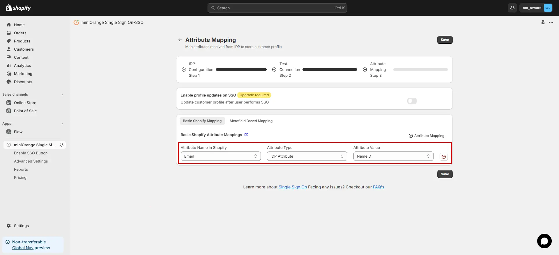 Shopify Facebook SSO - Shopify Facebook login - Map Attributes from table