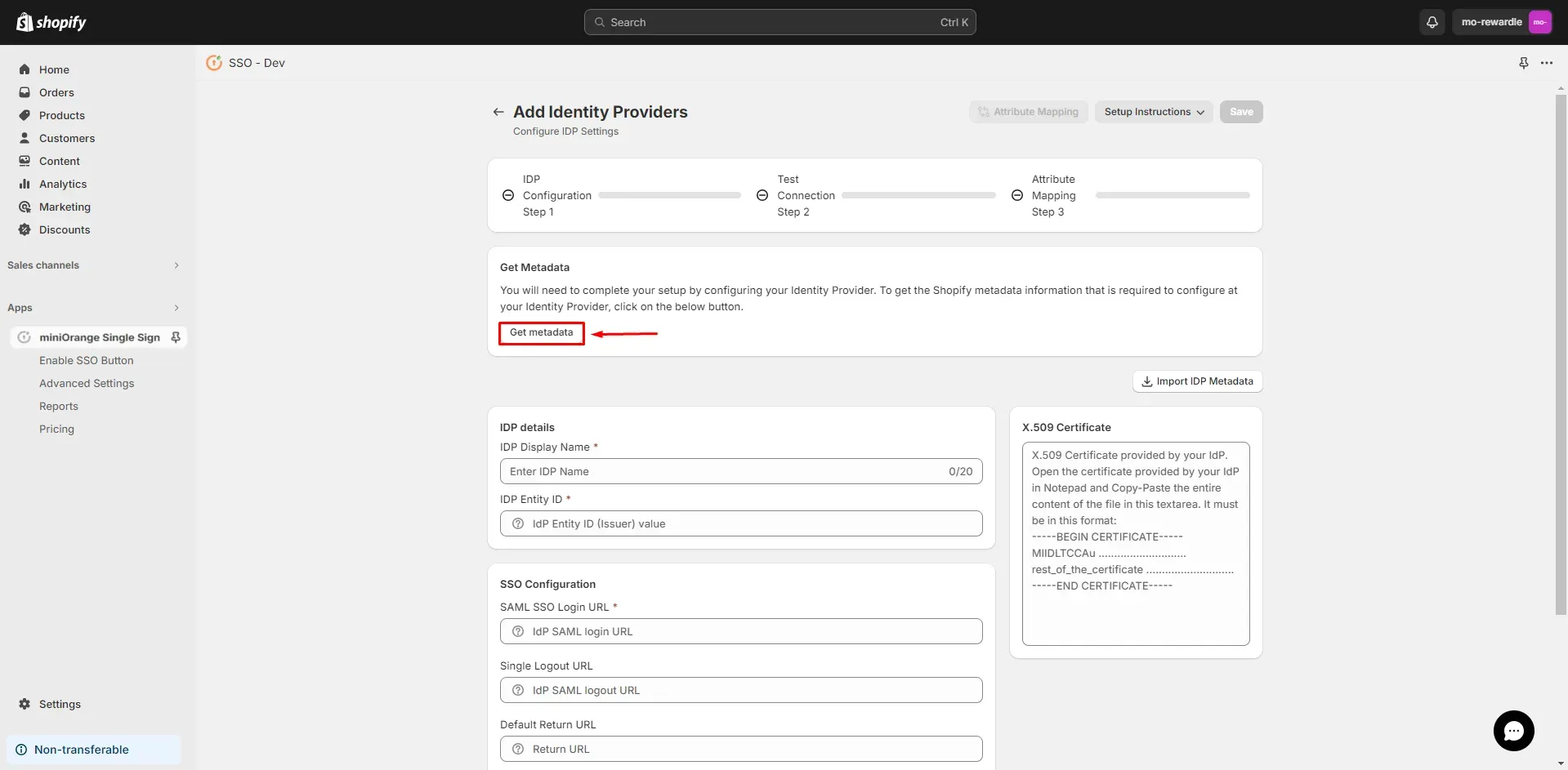 Shopify Okta SSO Login - Click on Get Metadata
