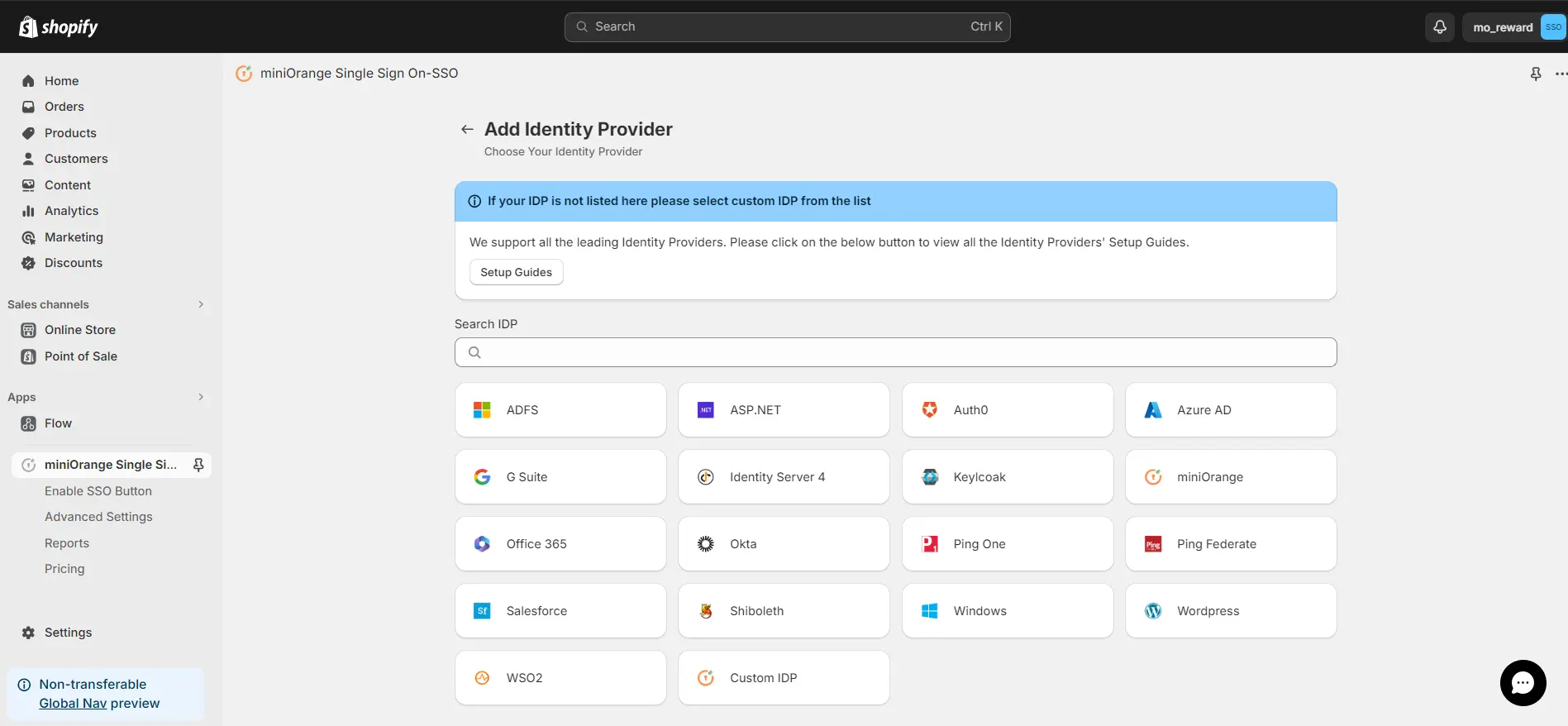 Shopify SSO - Select Custom IDP
