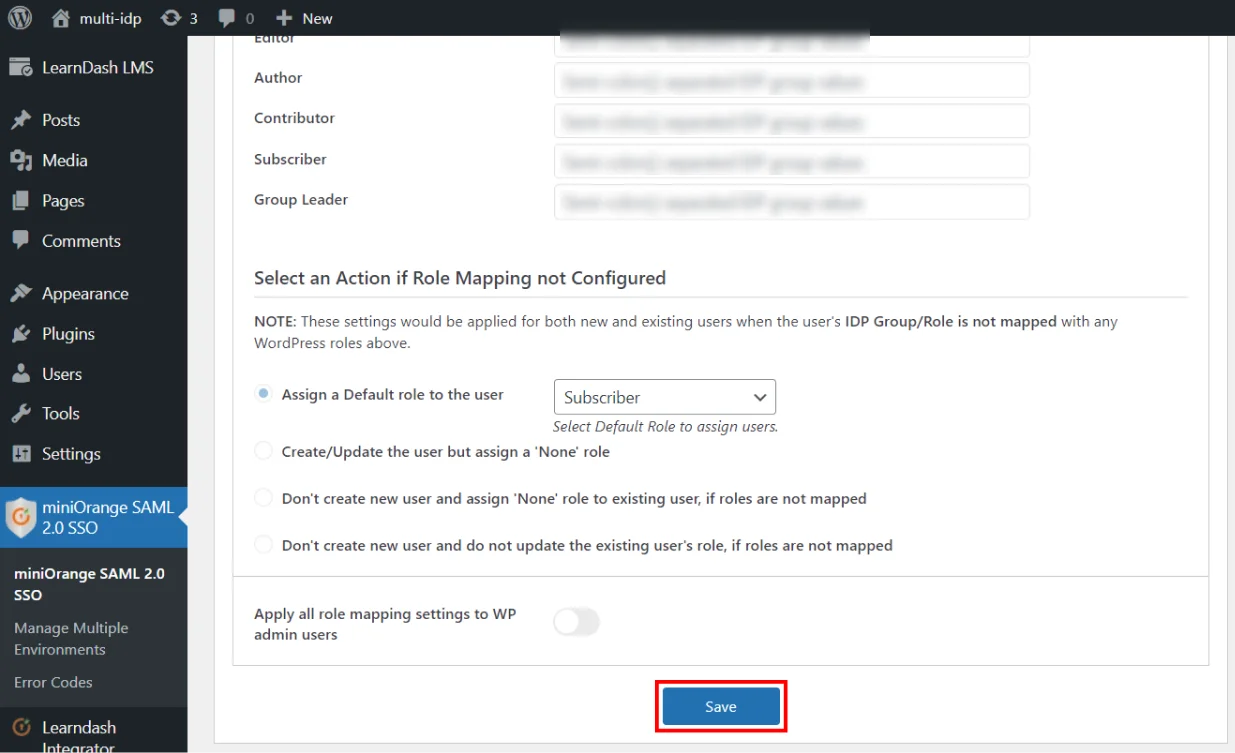 WordPress LearnDash Integration - Save Attribute Role Mapping Configuration