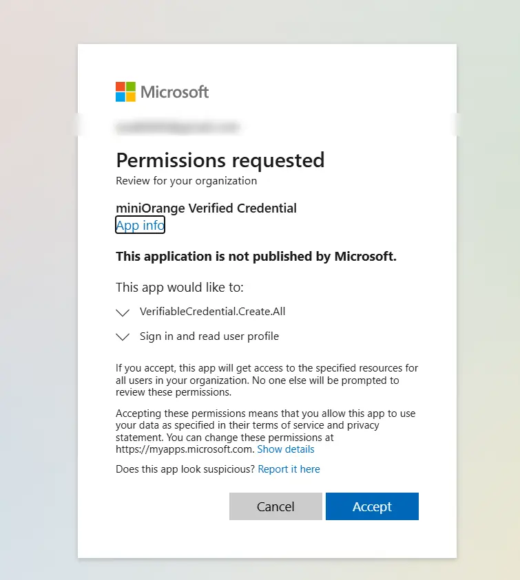 setup microsoft digital identity using microsoft authenticator- accept permissions