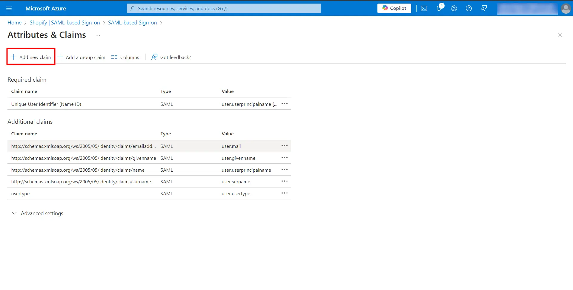 Add New Claim - Shopify Azure AD SSO