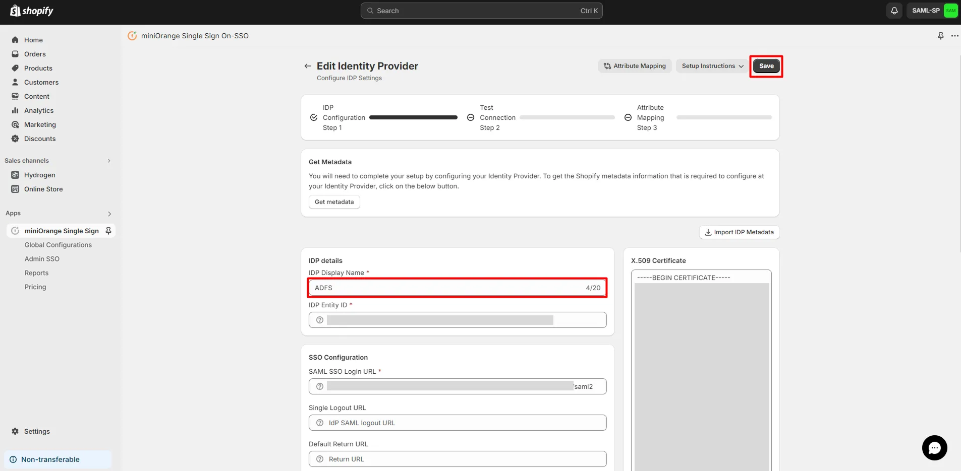 Shopify ADFS SSO Login - Add identity provider as ADFS