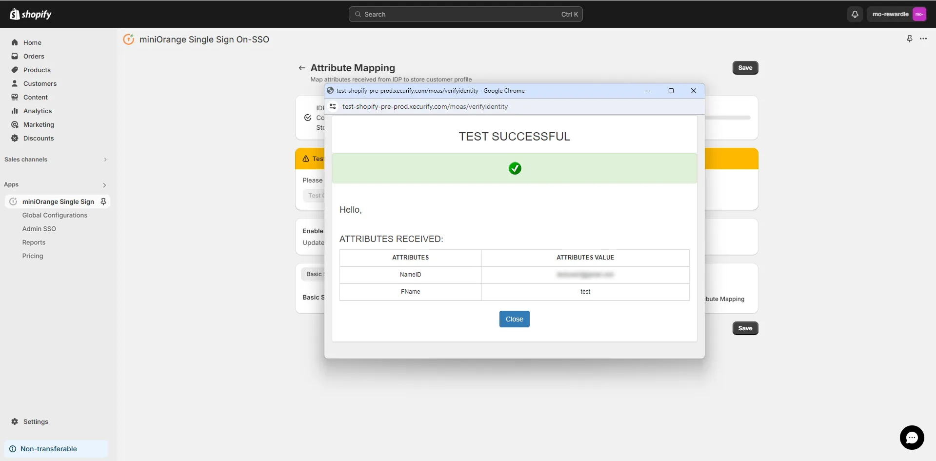 Connection Succesfull - Shopify Keycloak SSO