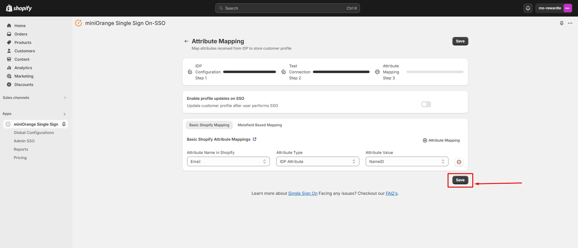 Shopify ADFS SSO Login - Save attribute mapping
