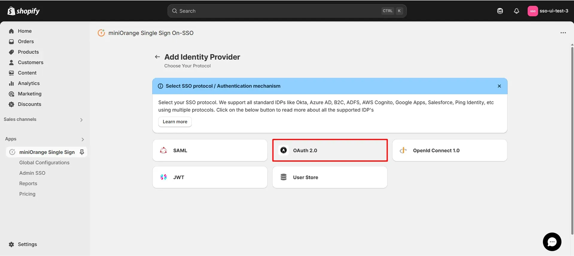 Shopify Cognito SSO - Select OAuth 2.0 Protocol