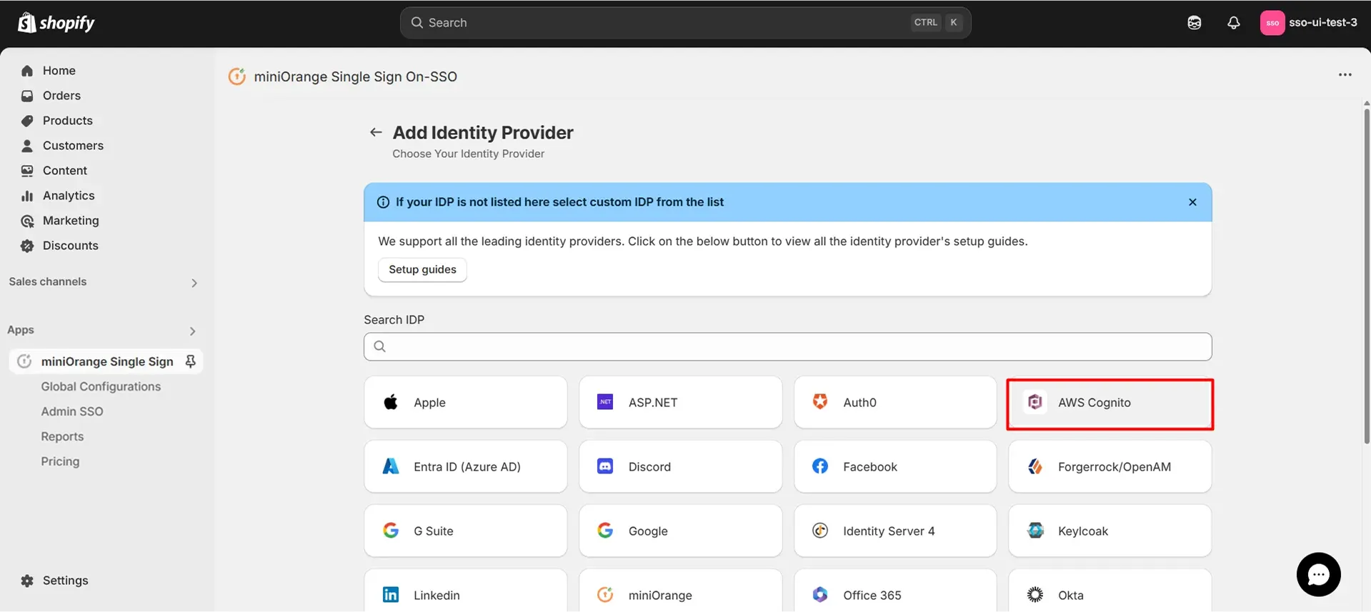 Shopify Cognito SSO - Choose AWS Cognito as IDP