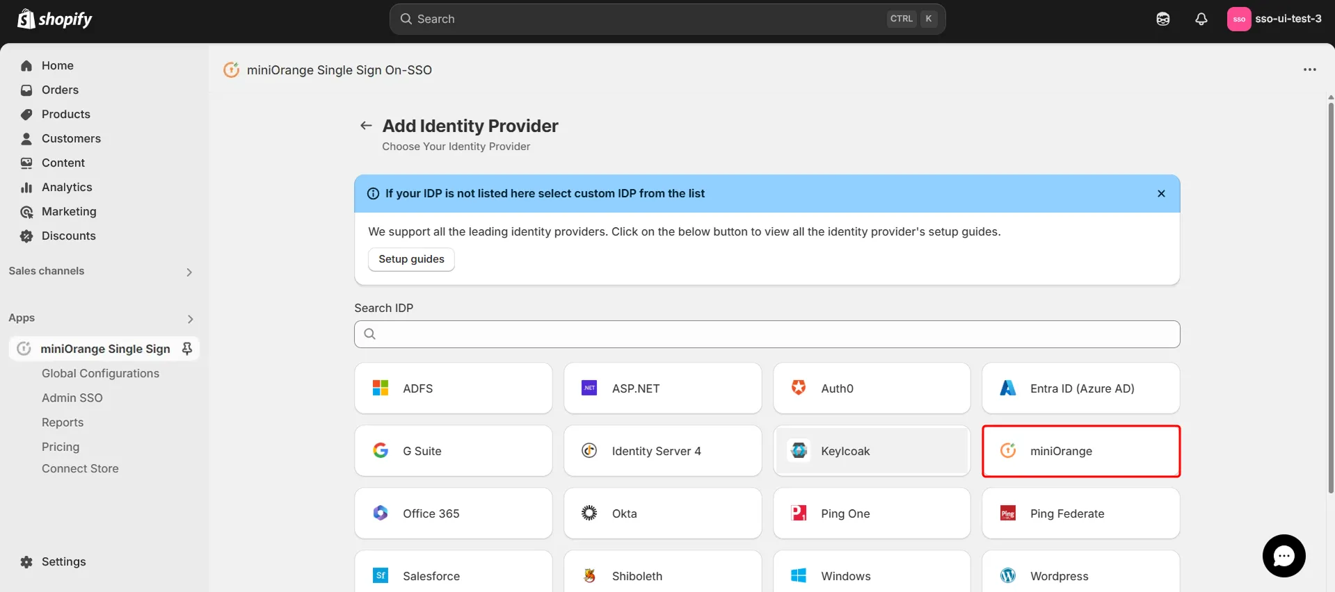 Azure AD Admin Dashboard - Shopify miniOrange SSO